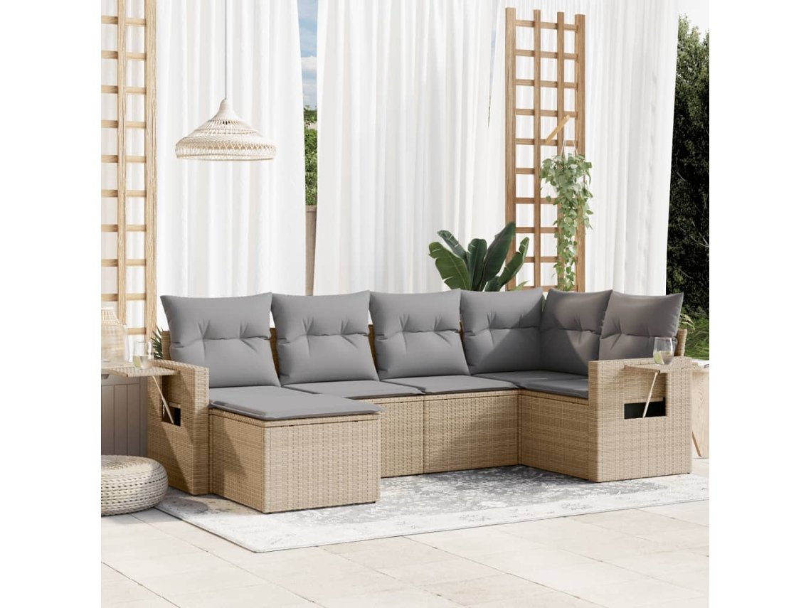 Vidaxl 6 Pcs Conjunto De Sofás P/ Jardim Com Almofadões Vime Pe Bege