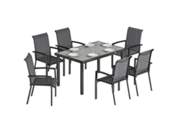 CONJUNTO de 7 peças externo com mesa de jardim de 2 seções e 6 cadeiras empilháveis em texteline cinza