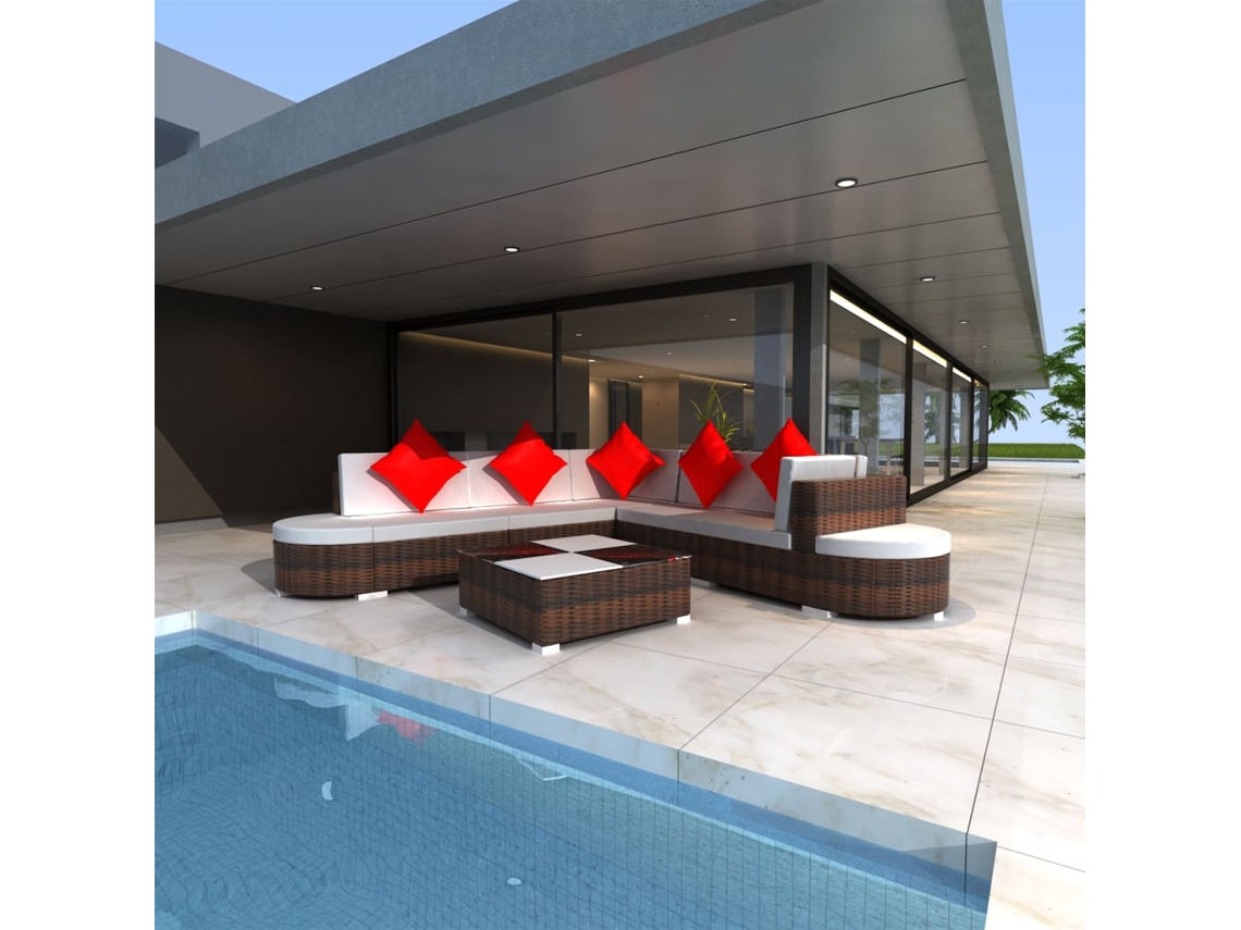 Vidaxl 8 Pcs Conjunto Lounge Jardim C/ Almofadões Vime Pe Castanho