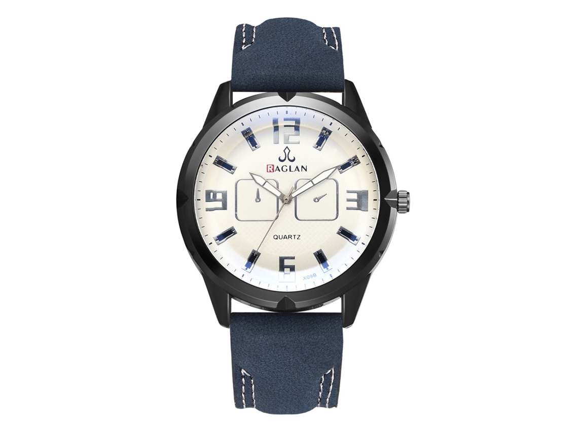Relógio de pulso masculino com pulseira de PU, movimento de quartzo e mostrador redondo azul.