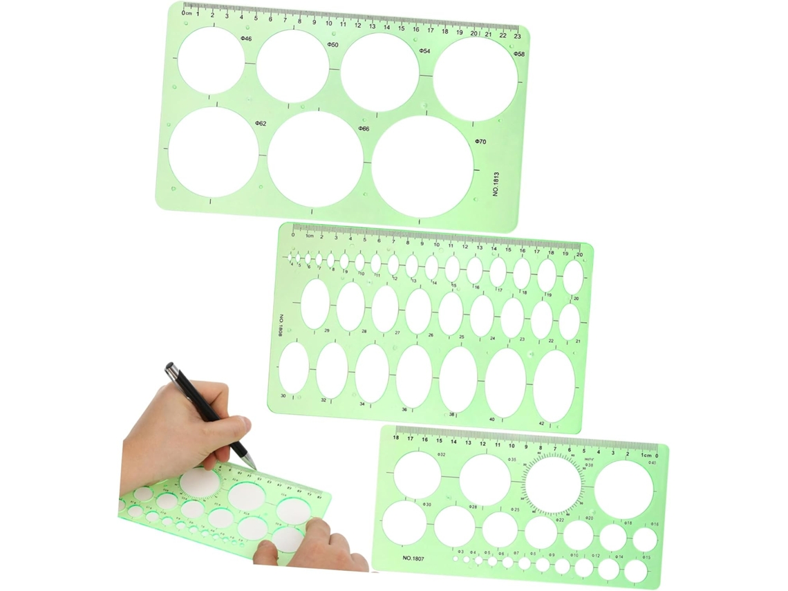 Conjunto de 3 gabaritos geométricos Supvox em ABS verde com sistema métrico e diversas formas para projetos estudantis.