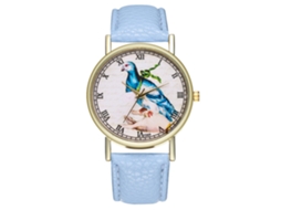 Relógio feminino de quartzo com pulseira de couro e design clássico de pássaro, azul claro.