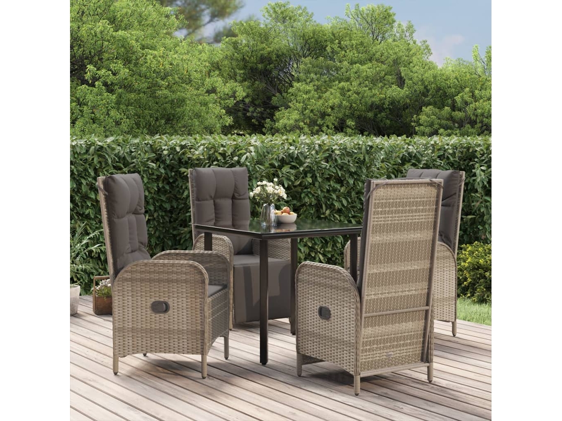 Vidaxl 5 Pcs Conjunto Jantar Jardim C/ Almofadões Vime Pe Preto/cinza