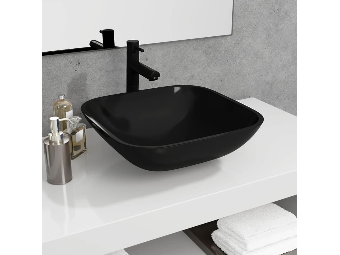 Vidaxl Lavatório 42x42x14 Cm Vidro Preto