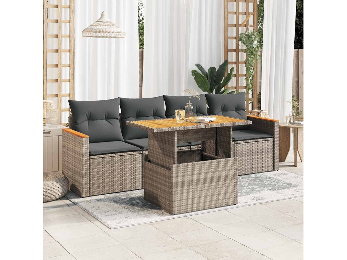 Vidaxl 5 Pcs Conjunto Sofás De Jardim C/ Almofadões Acácia E Vime Pe