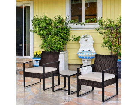 Conjunto Jardim Outsunny Polirratã 2 Pessoas Com Almofadas Marrom e Creme, Ideal para Varanda e Terraço Nestor