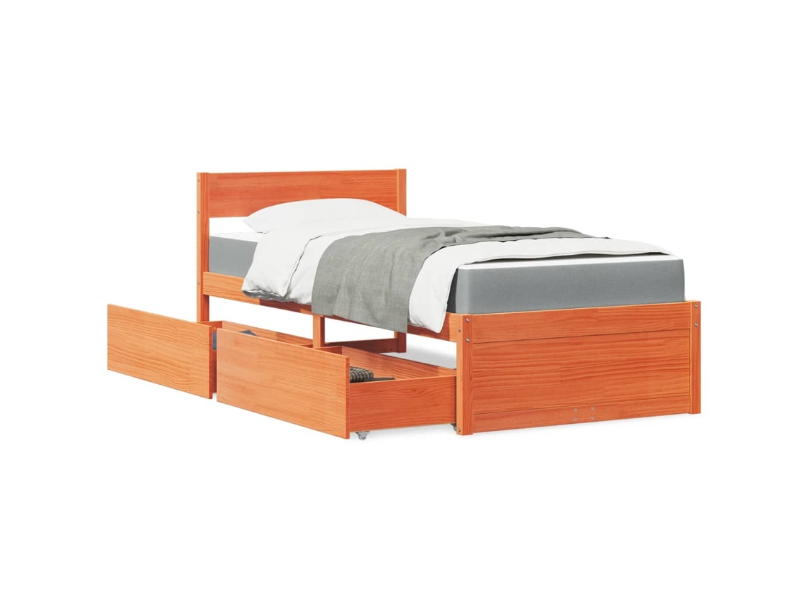 Cama Com Gavetas E Colchão 100x200 Cm Pinho Maciço Castanho-mel