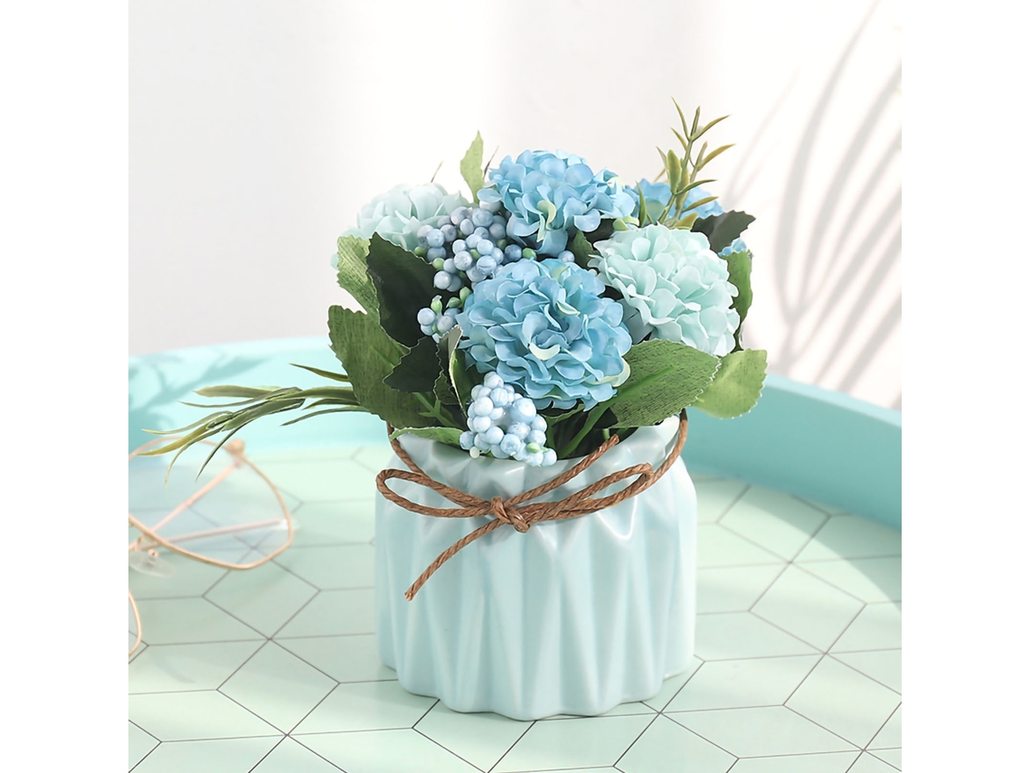 Arranjo de Hortênsias Falsas LAXISCREED com Vaso Azul