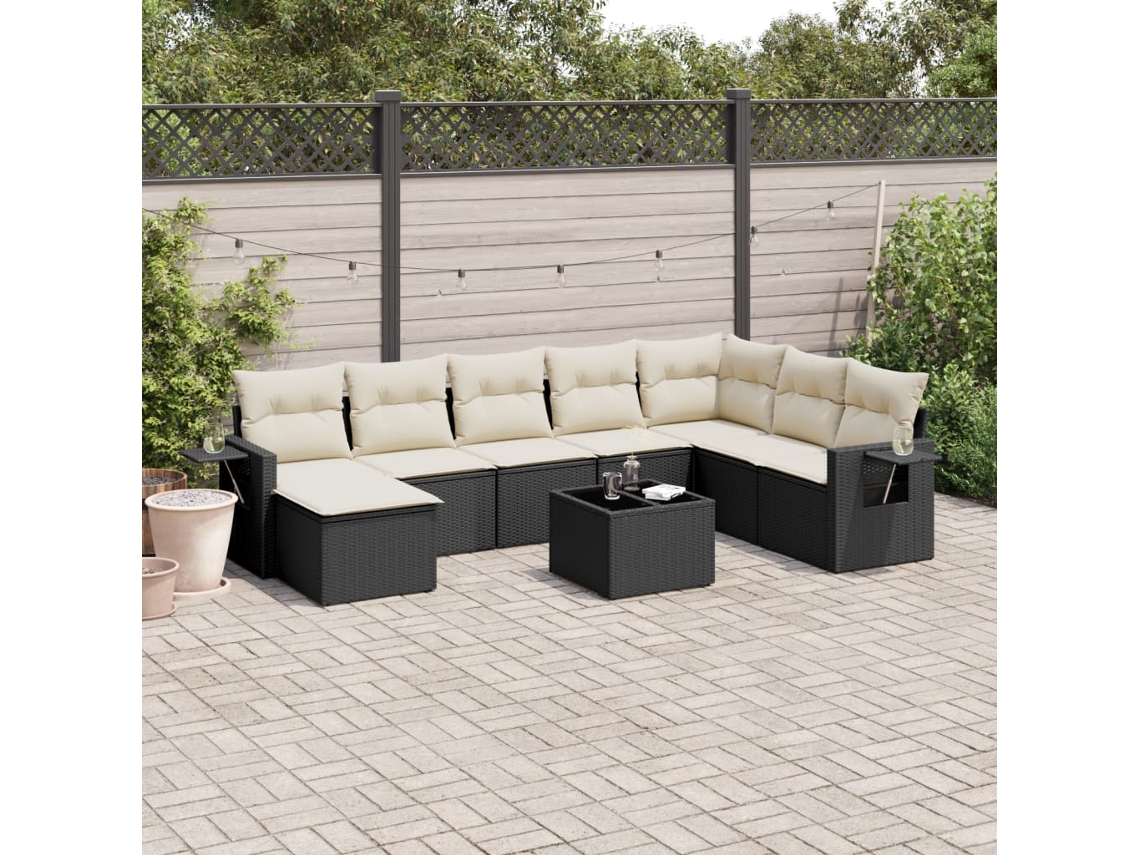 Jogo de Sofá 9 Peças P/ Jardim C/ Almofadões Vime Pe Preto Dkd Home Decor