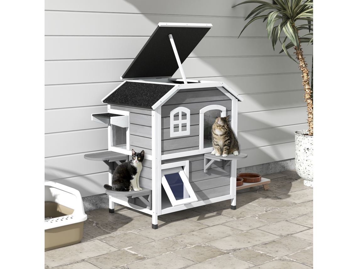 Casa Para Gato Cinza Dobrável, 2 Andares, 99,5x76x91cm, Modelo Asfalto, Ideal Para Inverno E Uso Externo