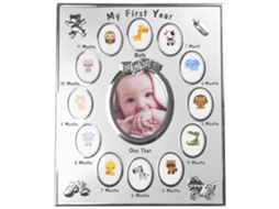 Omni quadro de Fotos para Bebês Primeiro Ano Presente de Aniversário para Menino Decoração de Casa 12 Meses Metal Prata Plata