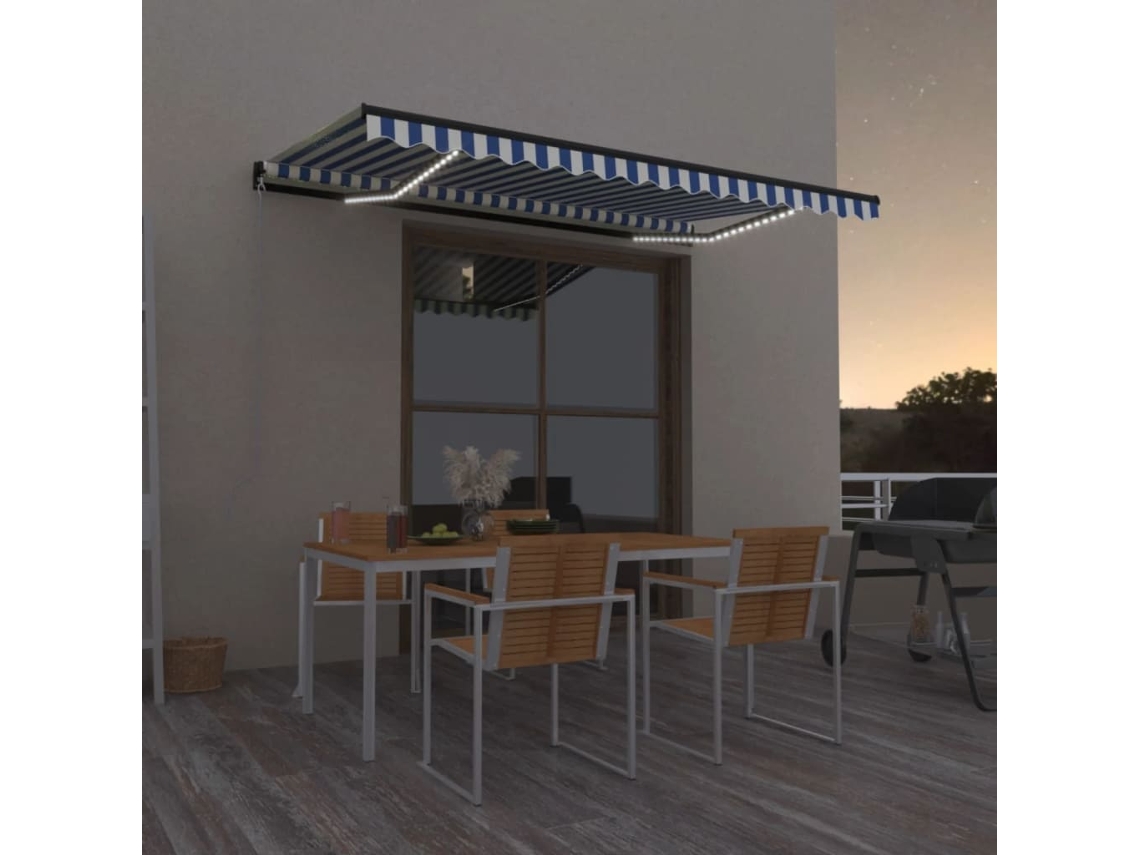 Vidaxl Toldo Retrátil Manual Com Led 400x350 Cm Azul E Branco