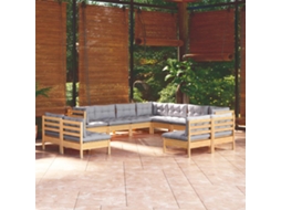 Vidaxl 11pcs Conjunto Lounge De Jardim + Almofadões Cinza Pinho Maciço