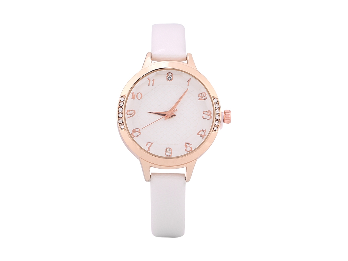 Relógio Feminino Analógico de Quartzo com Pulseira Pu e Pedras Brilhantes Branco
