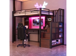 Cama Alta 90x200cm Com Prateleira, Mesa, Tomada, Led, Escada Armazenamento, Grade Ferro Preto