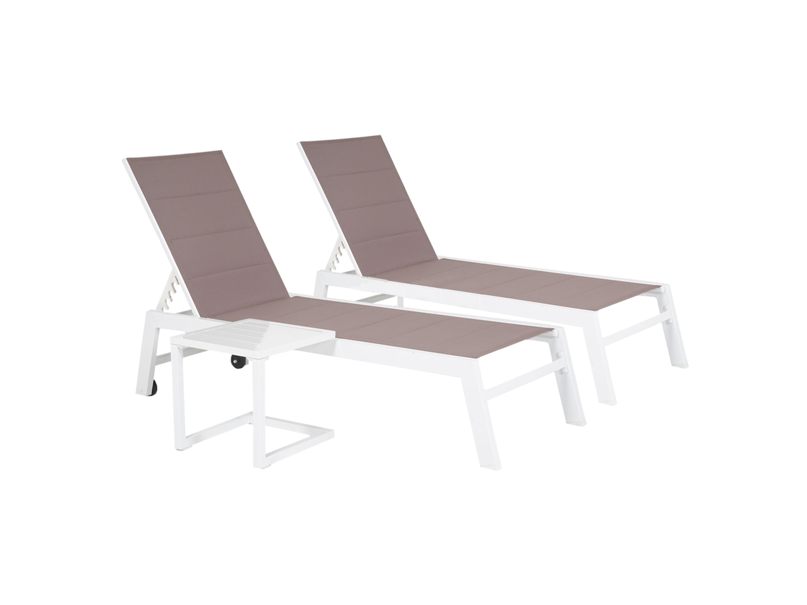 Conjunto De 2 Espreguiçadeiras E Mesa De Apoio Barbados Em Textilene Taupe Alumínio Branco Happy Garden