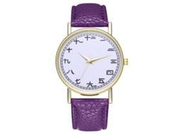 Relógio feminino de quartzo com pulseira de couro PU e mostrador redondo roxo moderno.