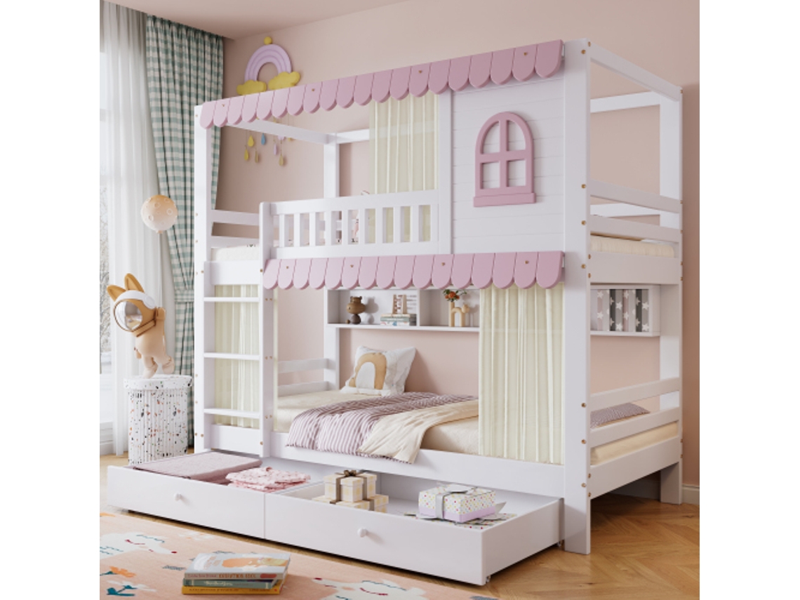 Beliche 90x200cm, Grande Espaço de Armazenamento, Prateleiras, Design Infantil, Robusta, Durável, Design Prático, Colchão Não Incluso