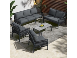 Set Exterior Jardim 7 Pessoas, Sofás Com Almofadas Removíveis, Mesa Vidro Imit. Madeira, Estrutura Resistente, Terraço E Jardim