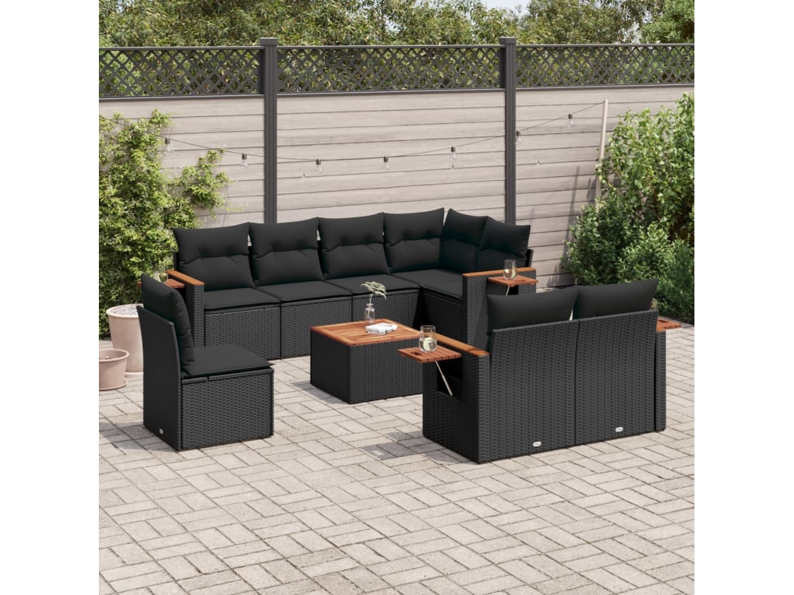 Vidaxl 9 Pcs Conjunto De Sofás P/ Jardim C/ Almofadões Vime Pe Preto