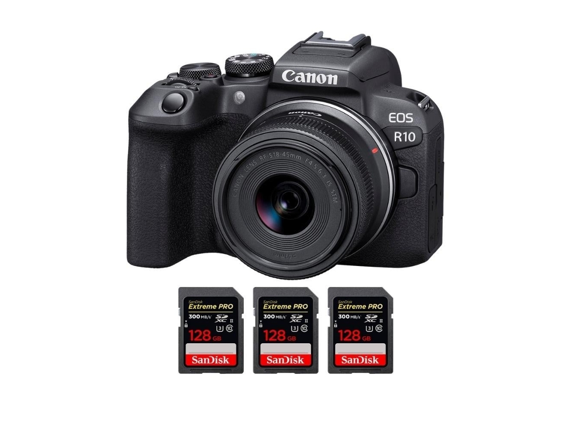 Eos R10 + Rf S 18 45mm F4.5 6.3 Is Stm + 3 Sandisk 128gb Uhs ii 300mb/s Máquina Fotográfica Híbrida Aps c + Ebook Pricedirect CANON