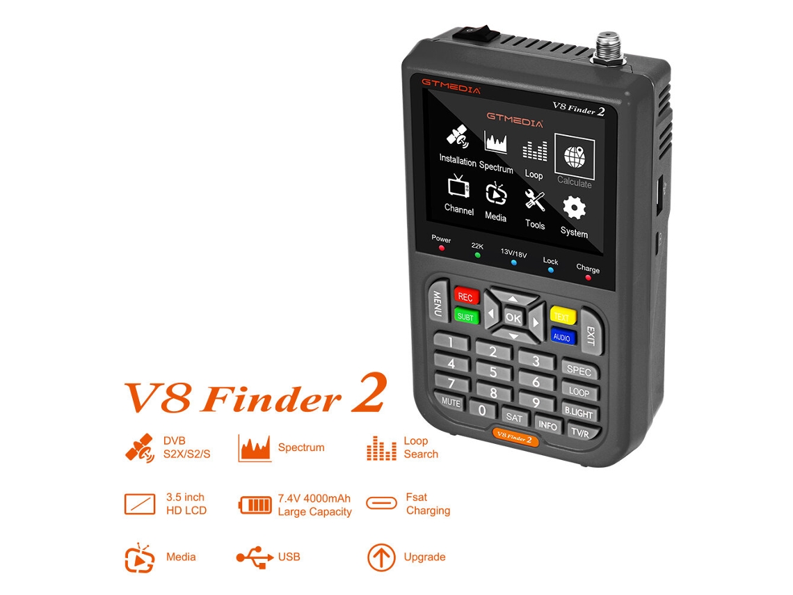 Gtmedia V8 Finder2 Localizador Planetas Medidor Sinal Bateria 4000mah Tela Lcd 3.5'' Hd 1080p Dvb-s2x/s2/s Mpeg-2/4 H264