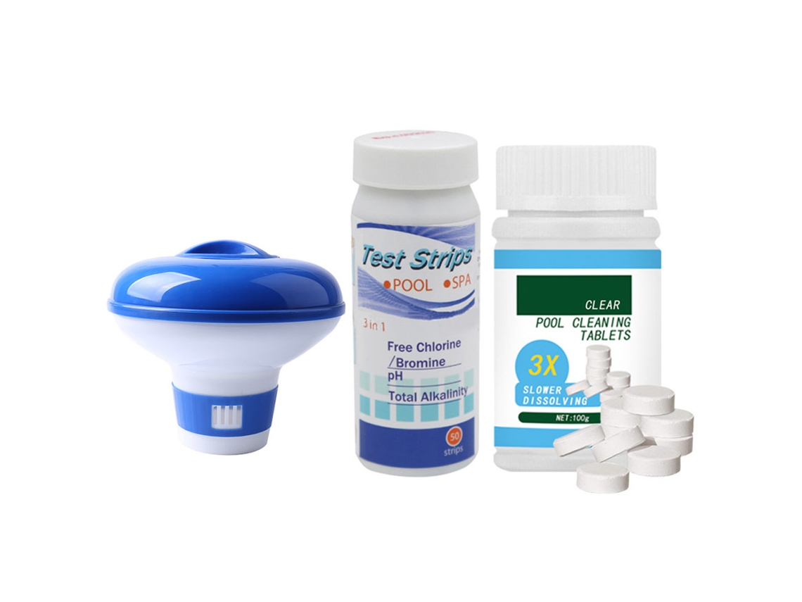 Conjunto De Comprimidos Efervescentes Para Piscina Com Dispenser Flutuante E Tiras De Teste De Ph