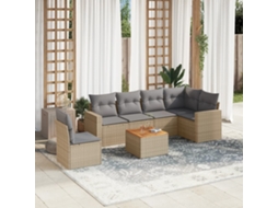 Vidaxl 7 Pcs Conj. Sofás Jardim C/ Almofadões Vime Pe Bege Misturado