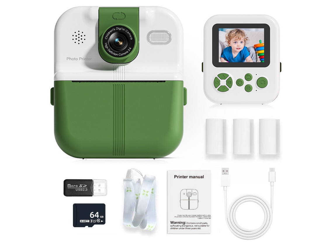 Câmera Infantil de Presente 2026 Verde Menta Cartão de 64gb + Leitor de Cartões YUNZII (com Lente Giratória Controlada por Aplicativo)