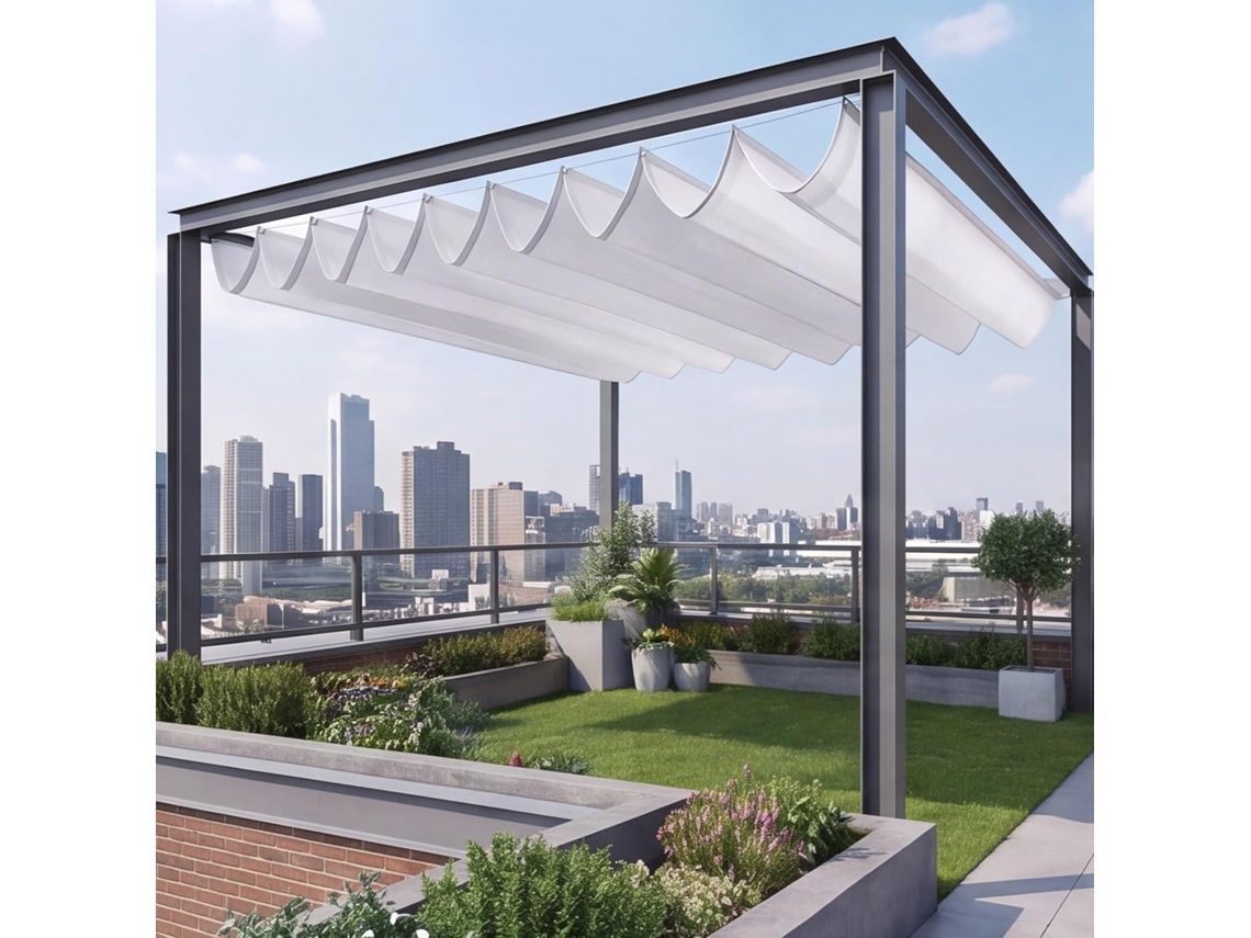 Vela De Sombra Retrátil Ondulada Com Proteção Uv 220 X 250 Cm Em Poliéster Branca Para Pátio, Terraço