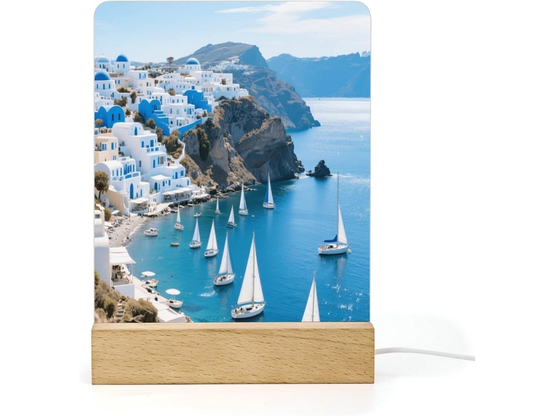 Luminária noturna de acrílico com LED e base, tema paisagem marítima de Santorini, ideal para banheiro, corredor, quarto e sala.