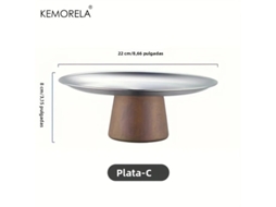 Prato de Sobremesa em Aço Inoxidável Estilo Coreano com Base de Madeira, Perfeito para Exibir Frutas e Decorar a Mesa. MDUG (prata C)