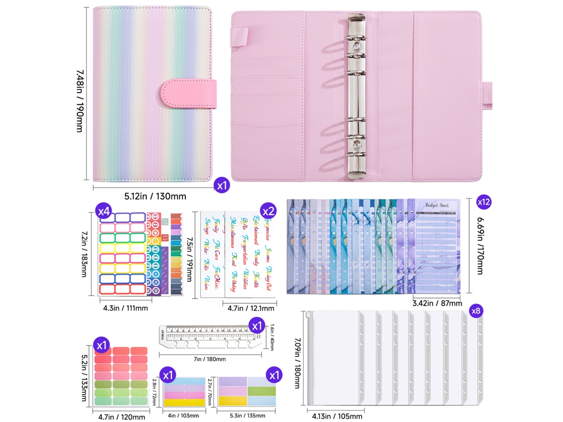 Eco Friendly Loose Leaf Notebook, Lined Grid, Refillable Rainbow Stripe Gradient With Bonus Kit 12-budget Cards