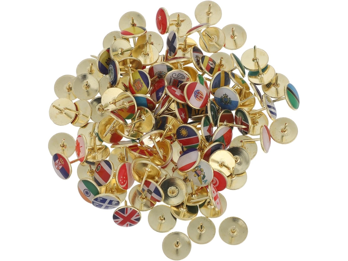 Conjunto Healvian de 120 Tachininhas Redondas com Bandeiras Nacionais, Metal Dourado, para Decoração de Paredes e Murais