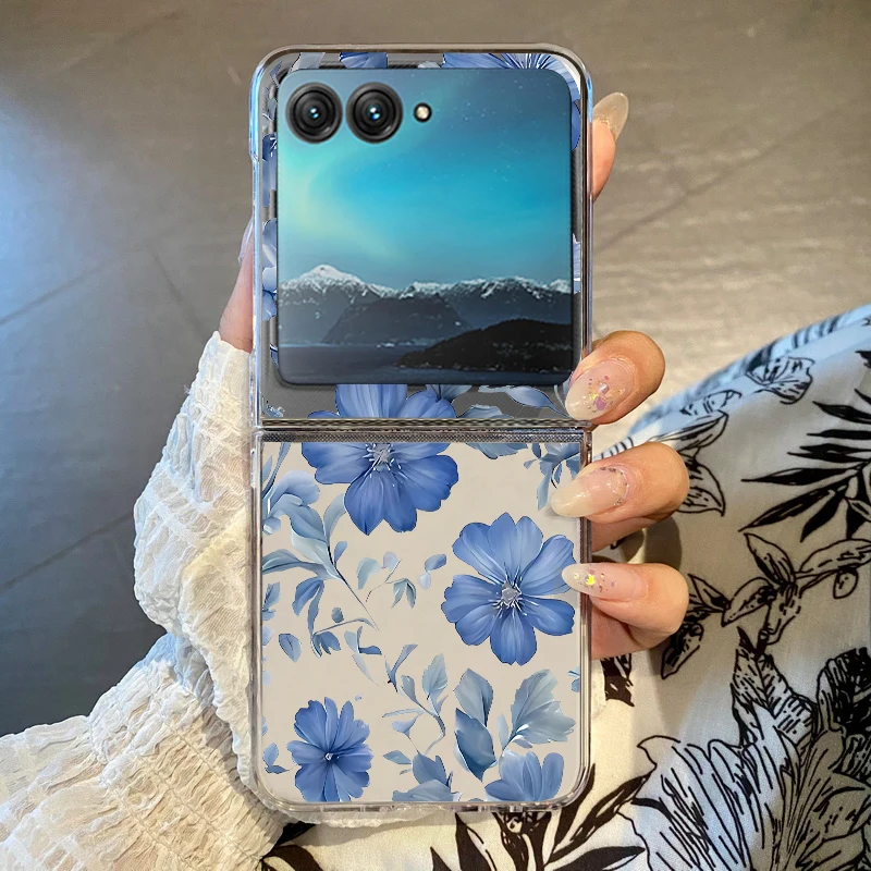 Capa Transparente Para Motorola Razr 50 Com Estampa Floral Azul, Resistente A Impactos.