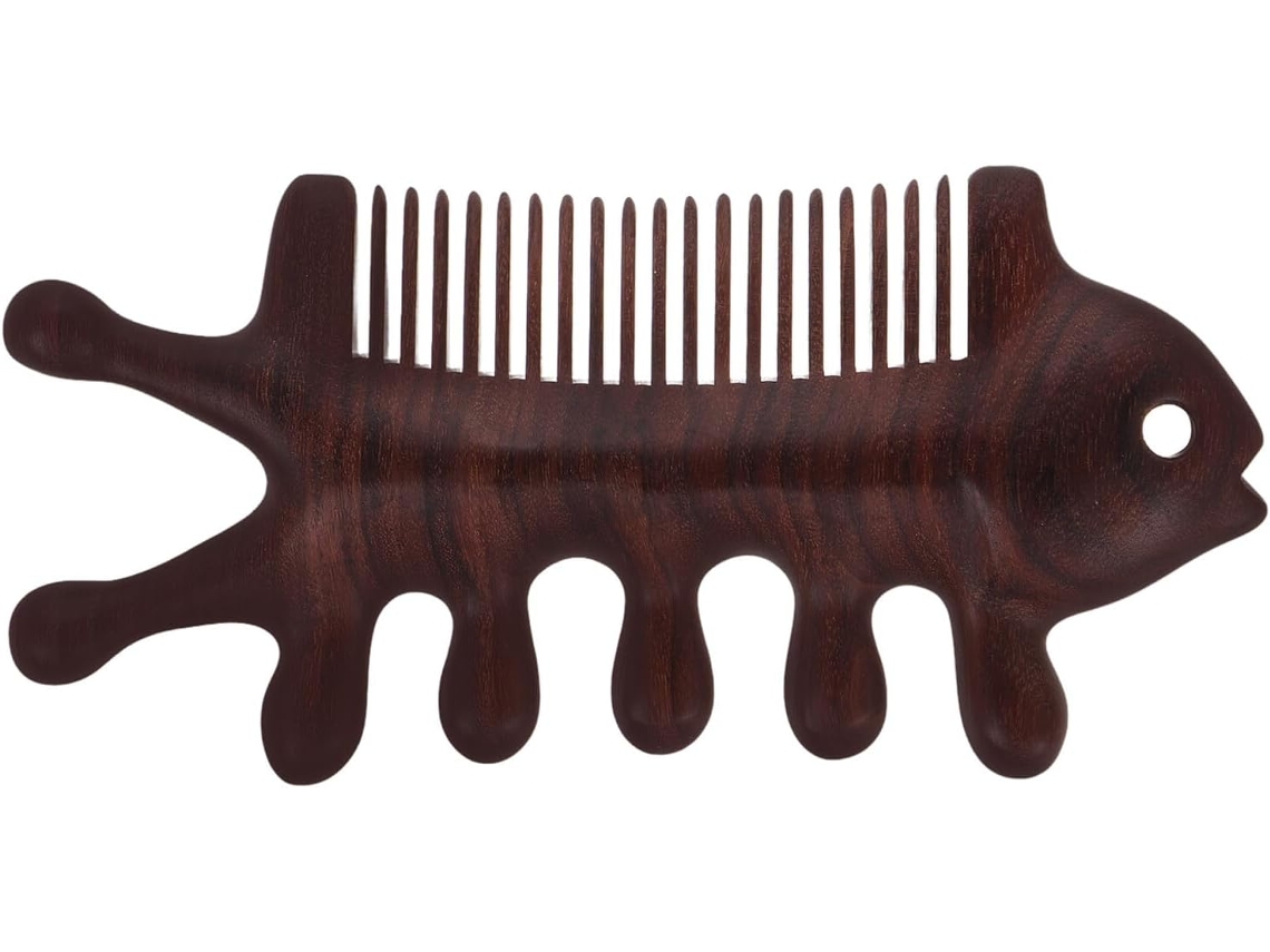 Pente De Massagem Em Madeira Natural Em Formato De Peixe Com Dentes Largos Para Cabelo, Rosto E Pescoço.