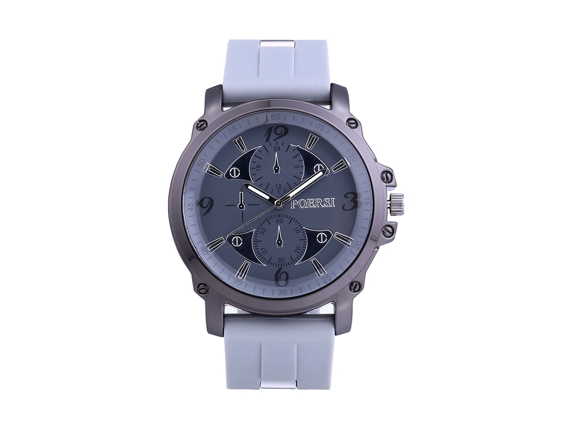 Relógio de pulso masculino moderno com mostrador redondo, pulseira de silicone, mecanismo de quartzo, estilo casual e elegante, cinza.