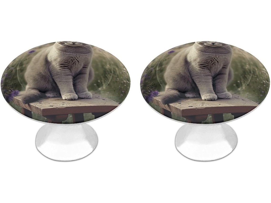 Conjunto De 2 Puxadores Aço Inoxidável Para Armários Cozinha, Com Design Personalizado De Gato Cinza Em Campo Flores