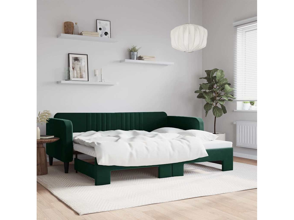 Cama De Solteiro | Camas Para Quarto | Sofá-cama Com Gavetão 90x200 Cm Veludo Verde-escuro