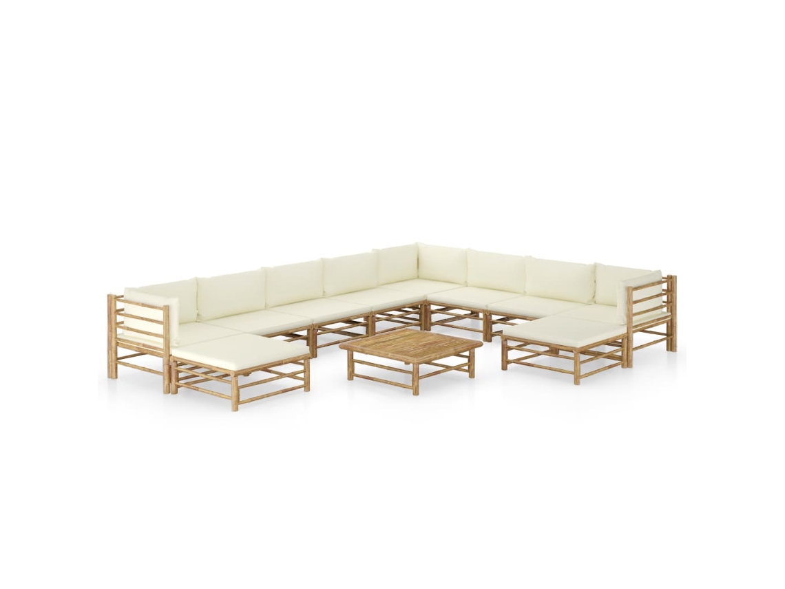 Vidaxl 11 Pcs Conj. Lounge Jardim Em Bambu C/ Almofadões Branco Nata