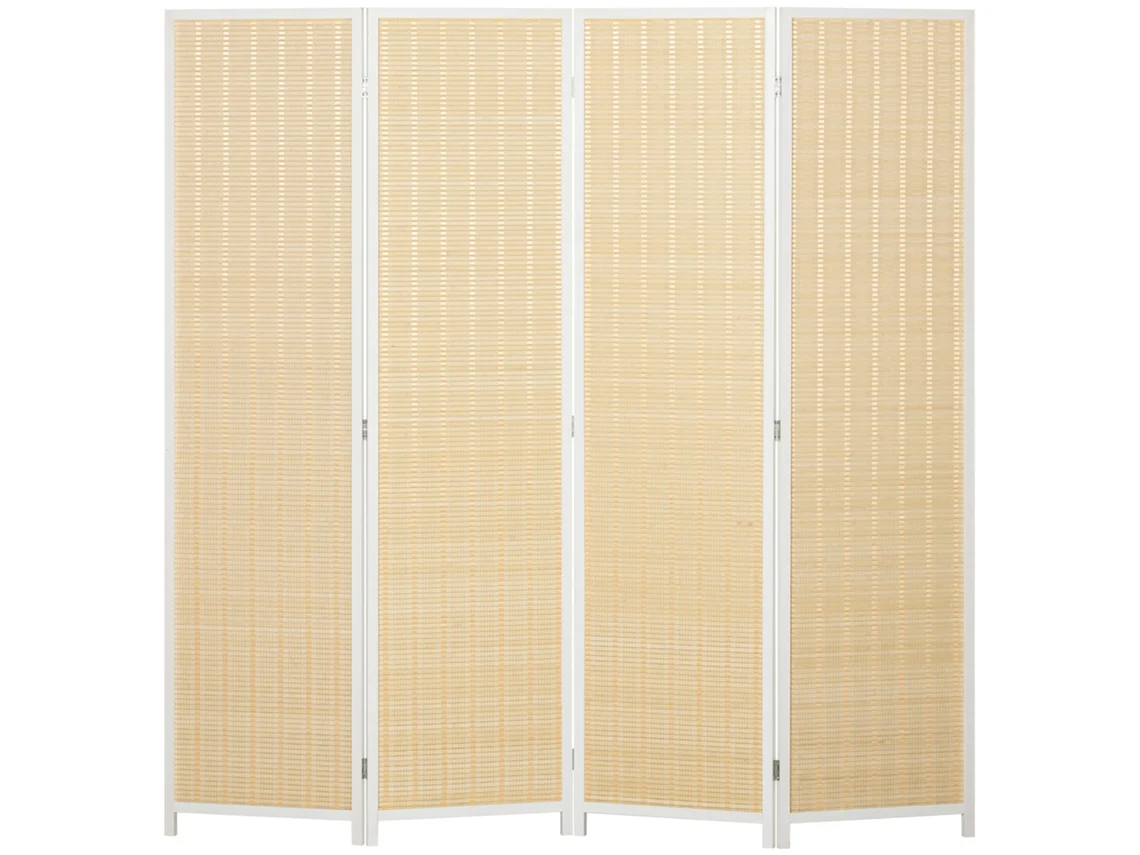Biombo Madeira de Pinho, Bambu e Fio de Algodão Cor Branco 180x1,7x180 cm Homcom