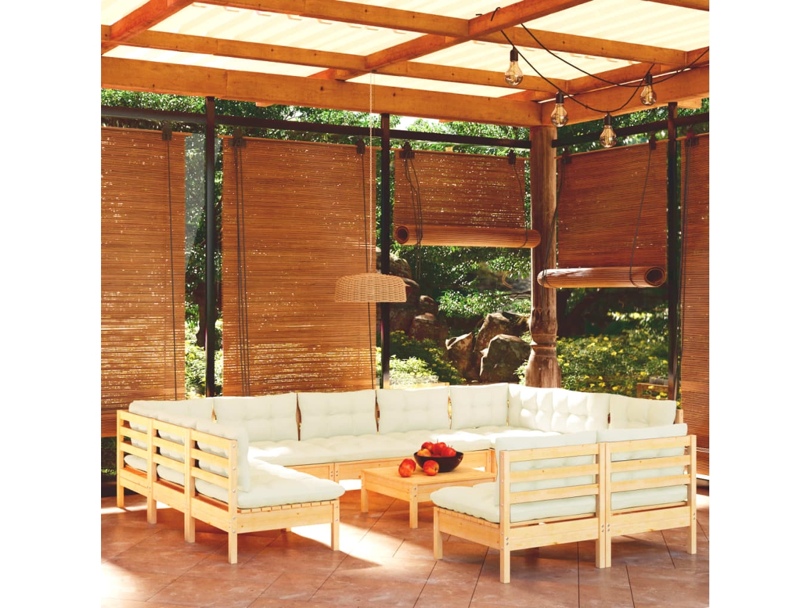 Vidaxl 12 Pcs Conjunto Lounge Jardim C/ Almofadões Creme Pinho Maciço
