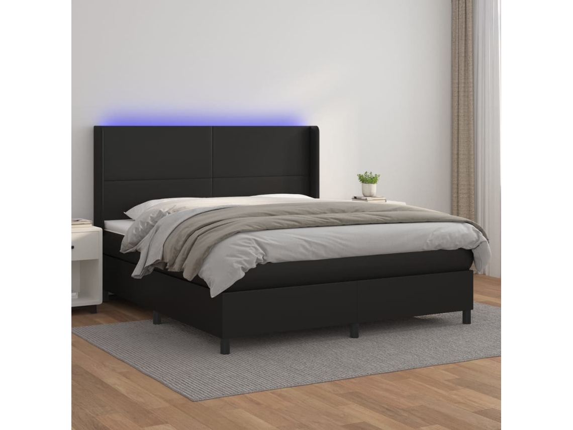 Cama Box Spring C/ Colchão/led 160x200cm Couro Artificial Preto