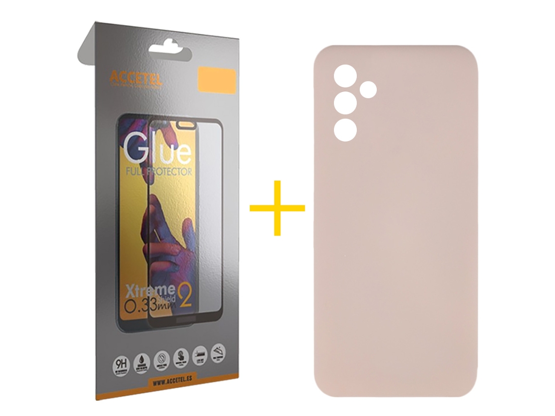 Pack 1 x Película de Vidro Temperado Full + Capa ACCETEL Samsung Galaxy A35 5G Silicone Líquido Rosa-Creme