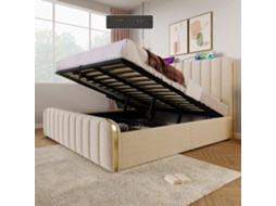 Lit Rembourré 180x200 Cm Hydraulique, Tête Capitonnée Dorée, Usb, Lin Beige VSOGA