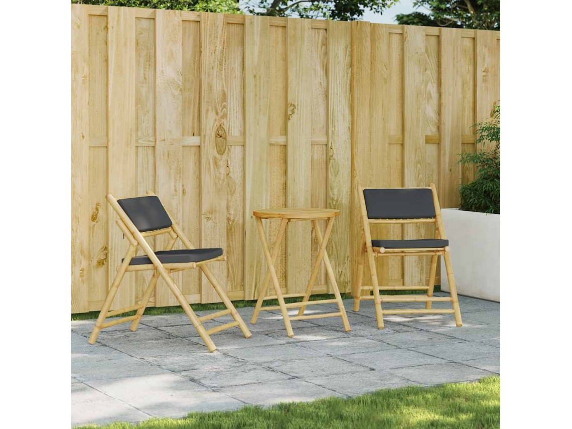 Vidaxl 3 Pcs Conjunto Bistrô Dobrável C/ Almofadões Cinza Escuro Bambu