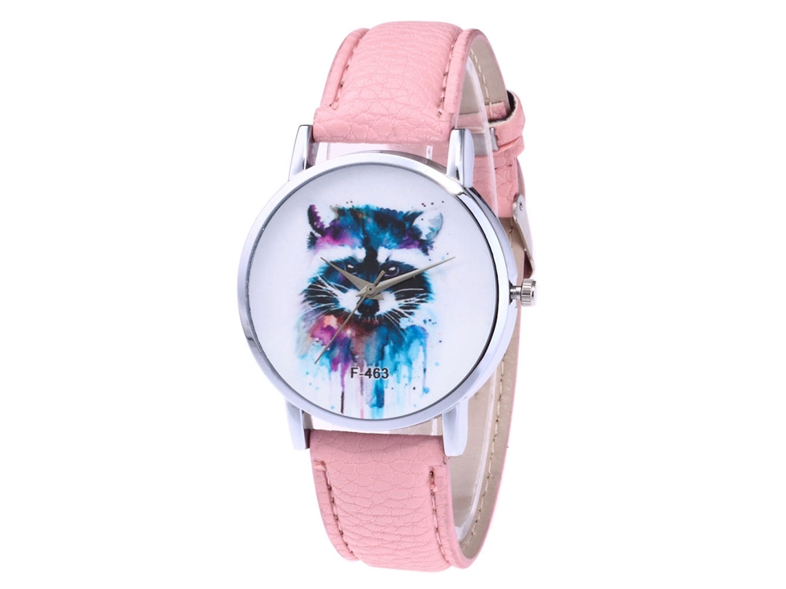 Relógio de Quartzo com Pulseira de Couro Padrão Animal Fofo para Mulheres (rosa)