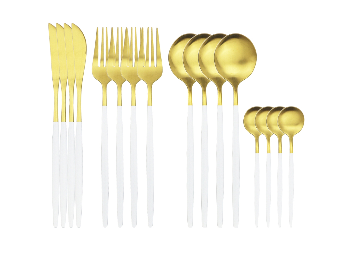 Conjunto de Talheres de 16 Peças em Aço Inoxidável e Vidro, Incluindo Faca, Colher, Garfo e Guardanapo. MDUG (platina)