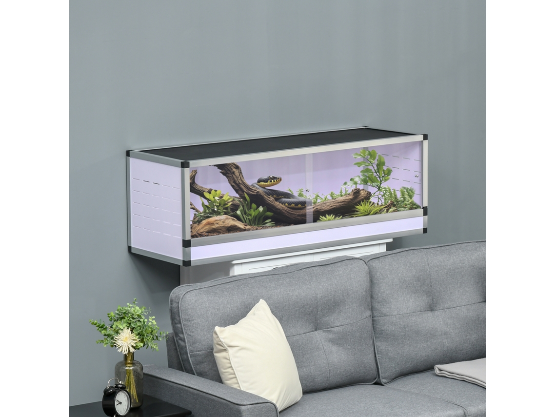 Terrário de alumínio para répteis, anfíbios e aracnídeos, 120x40x40cm, com malha, branco, prateado e preto