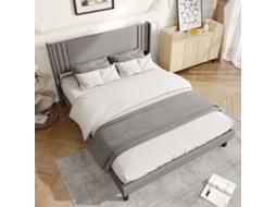 CAMA DE CASAL 160x200cm, estofada em linho, com encosto macio, borda acolchoada, sem colchão, bege